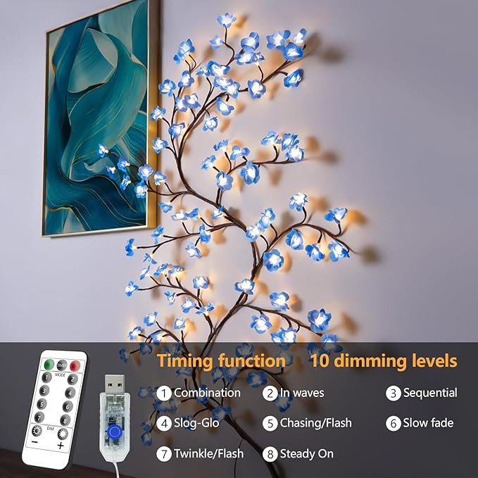FNHMSL Cherry Enchanted Willow Vine Lights, 4FT 48LED Blue Cherry Blossom Tree Branch Lights for Wall with USB Battery Box,Remote Timer,8 Light Model, Indoor Bedroom Wall Doors Wedding, Christmas