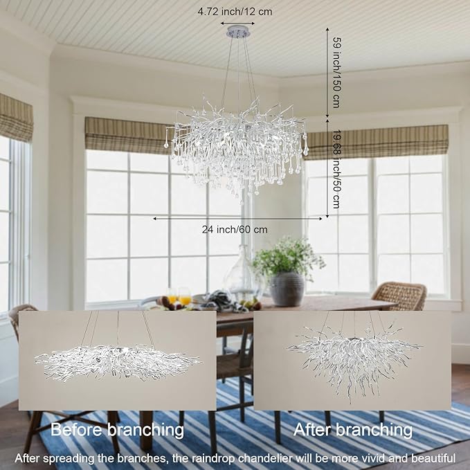 Branch Chandeliers Lights, 8-Light Modern Raindrop Crysta Luxury Chandelier Light Fixture for Dining Room Living Room, Kitchen Island D23.6 inch Farmhouse Chandelier