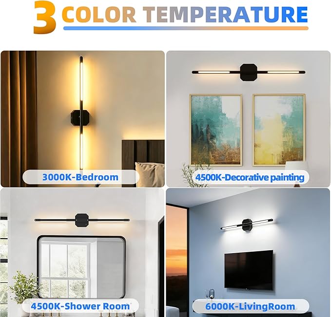 Rechargeable Wall Sconce Single, 35Hrs+ Battery Operated Wall Lights, Wireless with Remote, 360° Rotatable, Dimmable 3-Color LED, Cordless Wall Light for Bedroom, Living Room, 23 in Black