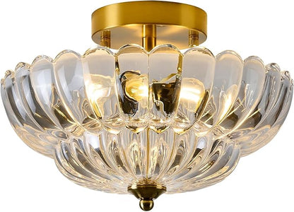 Gold Semi Flush Mount Ceiling Light, 12 Inch Vintage Crystal Light Fixture with 3-Light E26 Base, Modern Close to Ceiling Lamp for Bedroom Hallway Entryway Kitchen Foyer