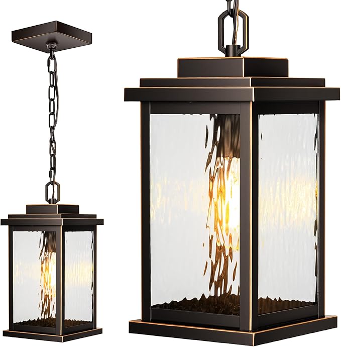VIANIS Large Outdoor Pendant Light Fixtures with Water Glass, Anti-Rust Waterproof Hanging Light Fixture with Adjustable Wire, Easy-to-Install Outdoor Hanging Lantern for Porch, Garden, Garage