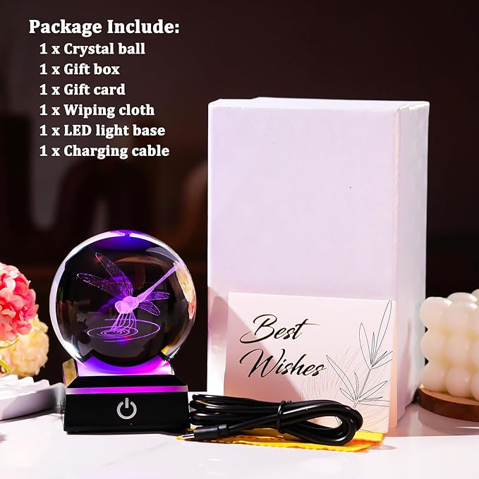 Arikyrist 3D Dragonfly Crystal Ball Figurine with LED Base, Dragonfly Gifts for Men Women on Christmas Birthday, Glass Statue Glass Animals Insect Sphere Decorative Ball for Home Decor (80mm)