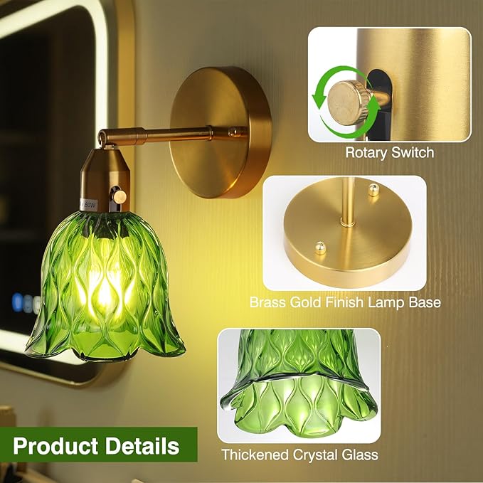 Vintage Wall Sconces - Hardwired Wall Lights with Green Tulip Glass Shade,Brass Wall Lamps for Bathroom Bedroom Stairway Bathroom Living Room Corridor(Bulbs Not Included,E26 Socket)