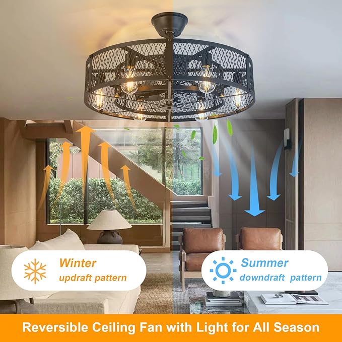 Depuley Outdoor Ceiling Fan with Light: 26" Caged Ceiling Fans with Remote Control for Patio Kitchen Bedroom - Farmhouse Fandelier Flush Mount Lights Fixture Reversible 6 Speed Timer Black