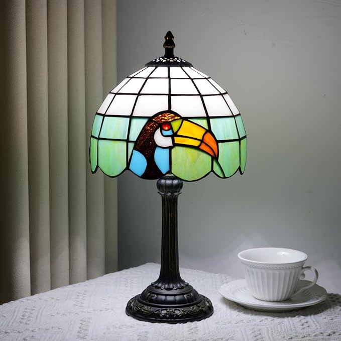 Tiffany Style 8 Inch Big-Billed Bird Stained Glass Table Lamp,Handmade Accent Lamp With Resin Base Retro Night Light For Bedroom, Office Living Room,Restaurant Farmhouse Decor Ambient Lighting