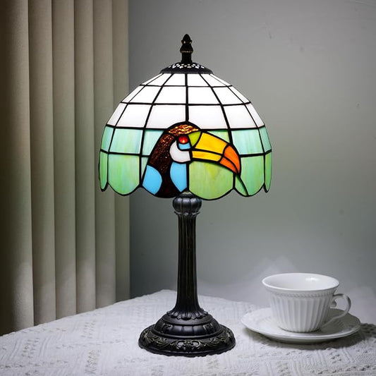 Tiffany Style 8 Inch Big-Billed Bird Stained Glass Table Lamp,Handmade Accent Lamp With Resin Base Retro Night Light For Bedroom, Office Living Room,Restaurant Farmhouse Decor Ambient Lighting