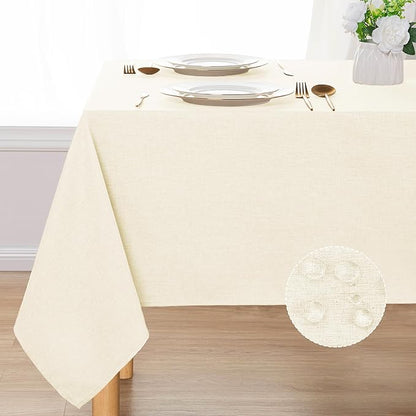 DWCN Rectangle Faux Linen Tablecloth - Textured Waterproof Spill-Proof Wrinkle and Stain Resistant Table Cloth Decorative Fabric Farmhouse Table Cover for Kitchen Dining Party, 60 x 84 Inch, Champagne