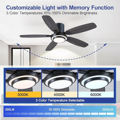 Hounberi 50 Inch Low Profile Ceiling Fans with Lights and Remote, Modern Flush Mount Black Ceiling Fan, 3CCT, Dimmable, Quiet DC Reversible Motor, for Bedroom Living Room Indoor/Outdoor Use