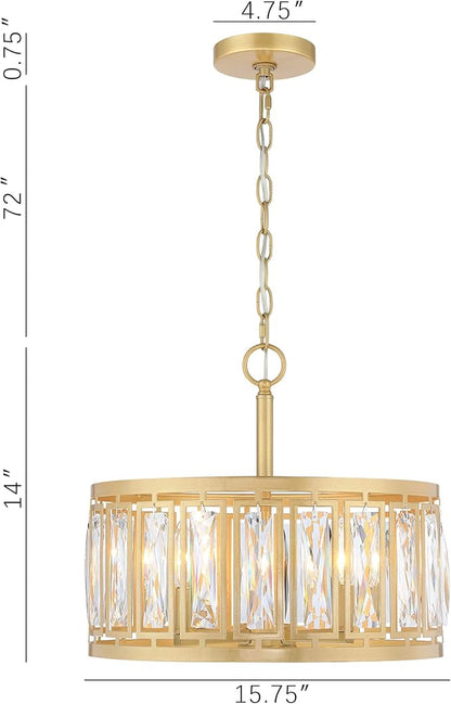 Gold Crystal Chandelier, 4-Light Semi Flush Mount Chandelier Crystal Entry Way Light Fixture Gold Dining Room Light Fixtures Adjustable Height Hanging Pendant Light for Bedroom Living Room