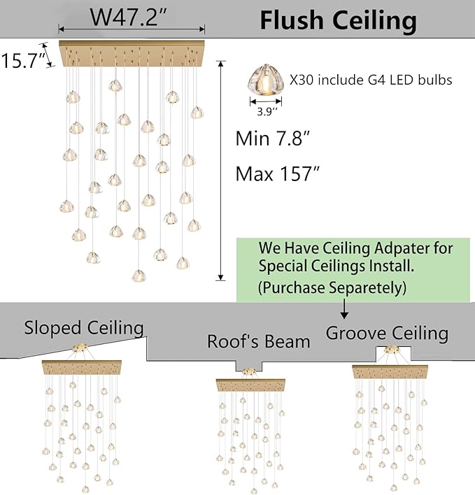 HAIXIANG W47.2 x D15.7 x H157 Glam Chandelier Rectangular Chandeliers Bubble Crystal Pendants Light Fixture Dimmable High Ceiling Large Light Antique Gold
