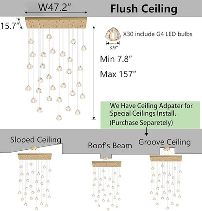 HAIXIANG W47.2 x D15.7 x H157 Glam Chandelier Rectangular Chandeliers Bubble Crystal Pendants Light Fixture Dimmable High Ceiling Large Light Antique Gold