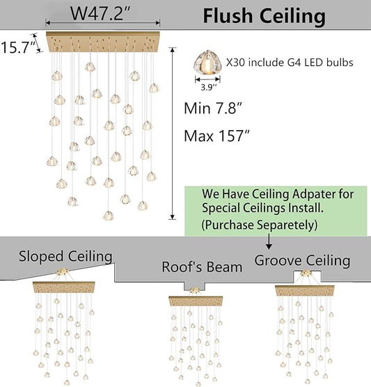 HAIXIANG W47.2 x D15.7 x H157 Glam Chandelier Rectangular Chandeliers Bubble Crystal Pendants Light Fixture Dimmable High Ceiling Large Light Antique Gold