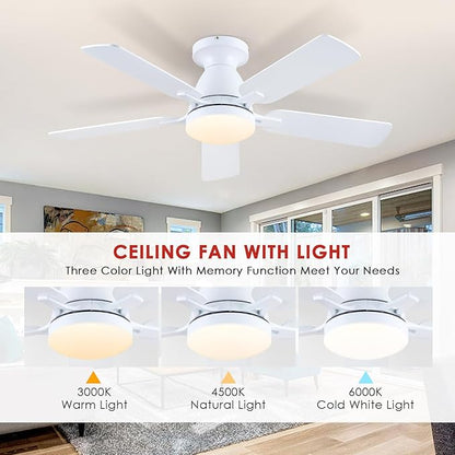 Mpayel 46 Inch Ceiling Fans with Lights and Remote, White Ceiling Fan with Light Flush Mount, Low Noise, Reversible, Dimmable, Modern Low Profile Ceiling Fan with Light for Bedroom Indoor Outdoor