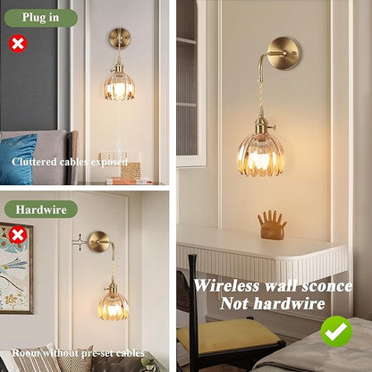 Vintage Wall Sconce, Battery Operated Wall Sconce with Amber Tulip Glass Lampshade, Indoor not Hardwired Wall Sconces with Remote, Rechargeable Vintage Wall Lamp, for Bedroom Living Room