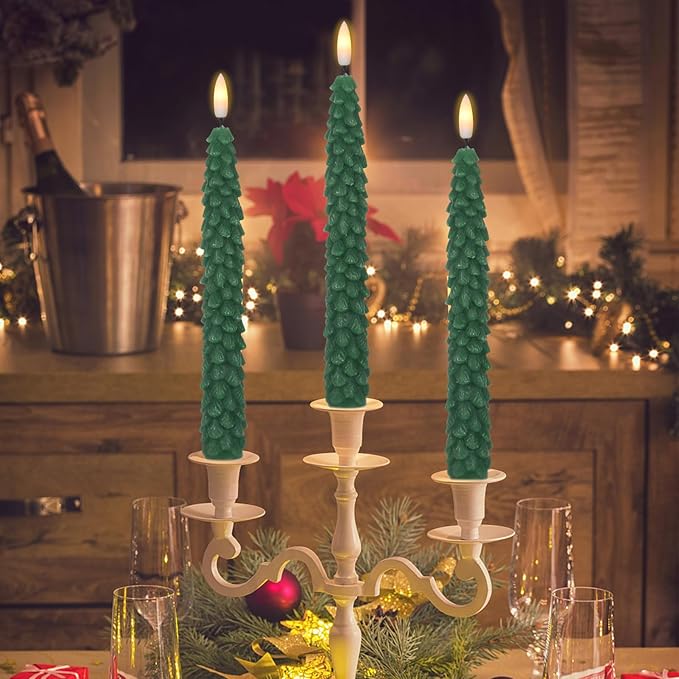 GenSwin Christmas Tree Flameless Taper Candles Flickering with Remote Timer, Real Wax LED Battery Operated Candles Warm 3D Wick Christmas Home Wedding Decor(Green, 0.78 X 9.64 Inch)