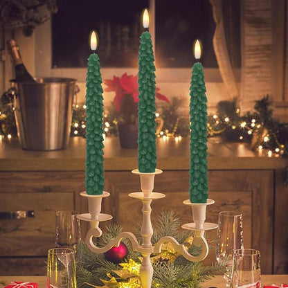GenSwin Christmas Tree Flameless Taper Candles Flickering with Remote Timer, Real Wax LED Battery Operated Candles Warm 3D Wick Christmas Home Wedding Decor(Green, 0.78 X 9.64 Inch)