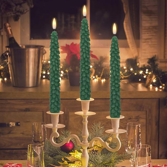 GenSwin Christmas Tree Flameless Taper Candles Flickering with Remote Timer, Real Wax LED Battery Operated Candles Warm 3D Wick Christmas Home Wedding Decor(Green, 0.78 X 9.64 Inch)