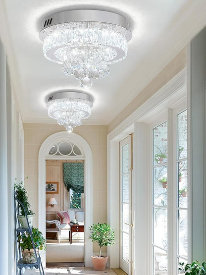 Dia 12" Mini Chandelier Flush Mount Chandelier for Hallway, Crystal Ceiling Chandeliers for Dining Room, Bedroom, Living Room, Entryway, Kitchen (Chrome Ceiling Light Fixture)