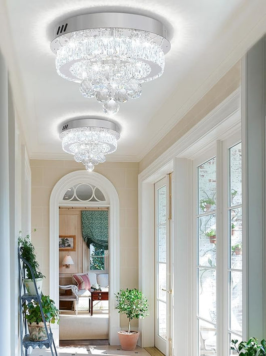 Dia 12" Mini Chandelier Flush Mount Chandelier for Hallway, Crystal Ceiling Chandeliers for Dining Room, Bedroom, Living Room, Entryway, Kitchen (Chrome Ceiling Light Fixture)