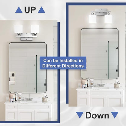 Bathroom Lighting Fixtures Over Mirror Brushed Nickel, Anti-Rust 2-Light Bathroom Vanity Lights, Modern 18Inches Wall Sconces E26 Base, Milky White Glass Shades, Bulbs Not Included