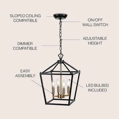 JONATHAN Y 12" Oil Rubbed Bronze/Brass Gold Lantern Pendant Light, 1-Light Pagoda Style Metal Cage Farmhouse Hanging Ceiling Fixture for Kitchen Island, LED Bulb Included (JYL7436D)