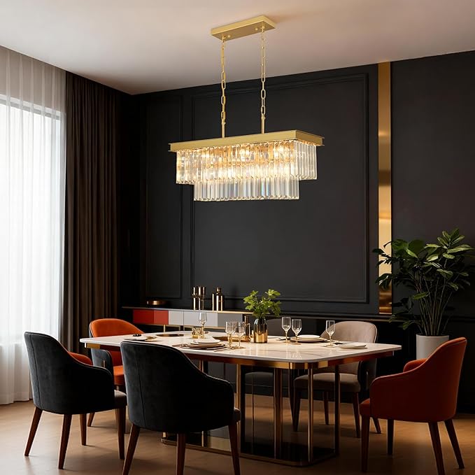 Weesalife Crystal Chandeliers for Dining Room Light Fixtures Over Table，9-Lights Gold Modern Rectangle Chandeliers for Kitchen Island Bar L28 Inch
