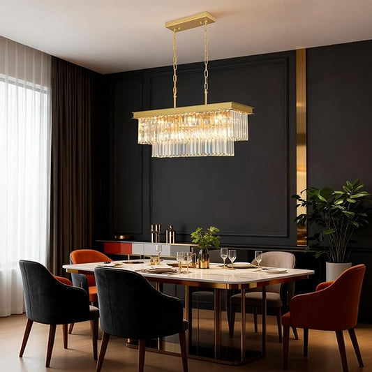Weesalife Crystal Chandeliers for Dining Room Light Fixtures Over Table，9-Lights Gold Modern Rectangle Chandeliers for Kitchen Island Bar L28 Inch
