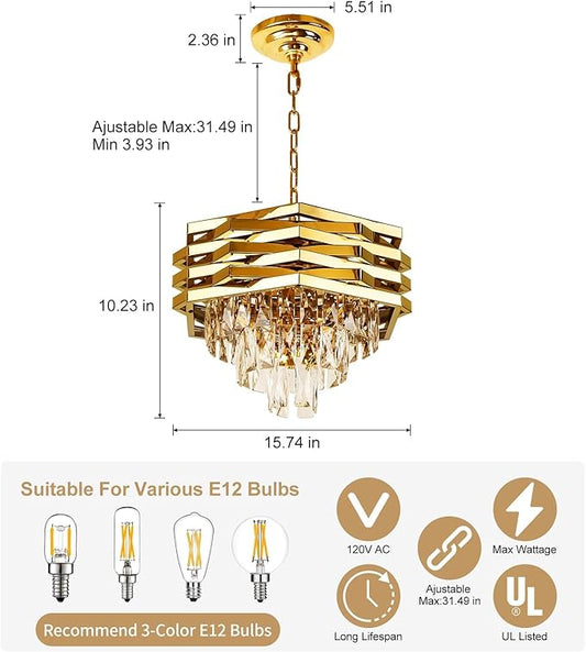 Depuley 16" Gold Crystal Chandelier: 5-Light Hanging Ceiling Light Fixture 3-Tier Flush Mount Chandelier Pendant Light for Dining Room Living Room Foyer Kitchen Island Included Bulbs