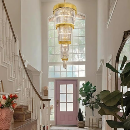 Luxury Gold Crystal Chandelier for High Ceiling, 32" 7-Tier Long Crystal Chandeliers, Adjustable Height Chandelier for Foyer, Villa, Staircase, Entryway