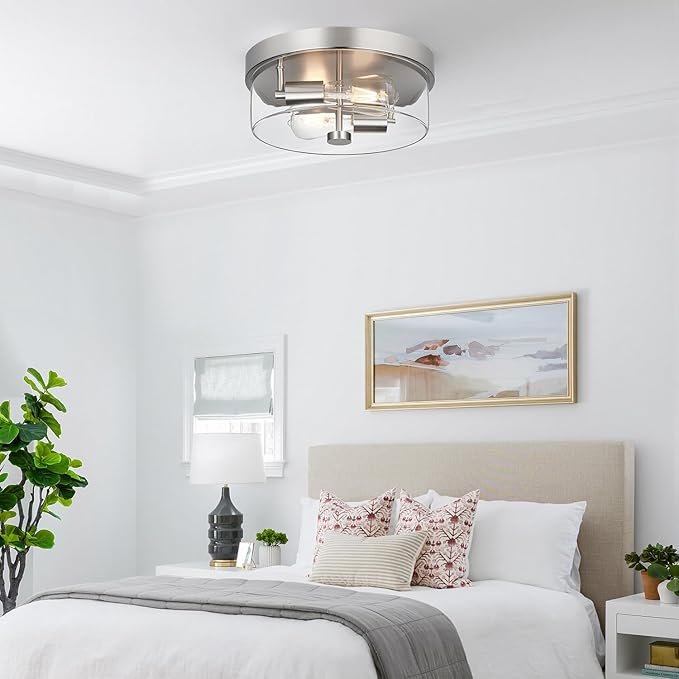 szzgco Flush Mount Ceiling Light Fixtures, 2-Light 12 Inch Brushed Nickel Close to Ceiling Light Fixtures with Clear Glass Shade Ceiling Light Fixture for Porch, Hallway, Bathroom, Dining Room and