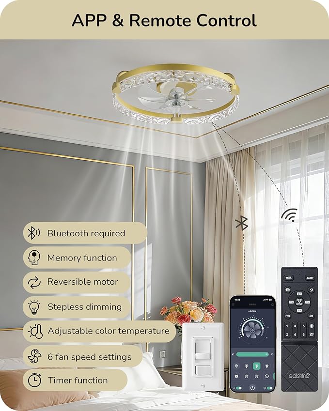 EDISHINE Ceiling Fans with Lights, 20'' Low Profile Flush Mount Fandelier, 3000-6000K Dimmable, 6 Speeds, App & Remote Control, DC Motor, LED Modern Bladeless Fan Light for Bedroom, Gold