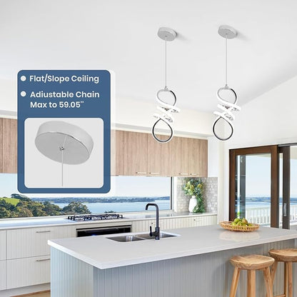 EIDISUNY Modern Led Pendant Light Fixture, 15W Chrome Spiral Pendant Light Kitchen Island, 4500K Daylight White Pendant Lamp, Adjustable Height Chandelier for Kitchen Dining Room Bedroom (Chrome)