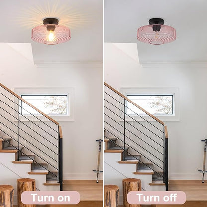 Pink Glass Ceiling Light, 11.8 Inches Mid Century Semi Flush Mount Ceiling Light Retro Small Chandelier Glass Overhead Lighting for Girl's Room Kids Room Nursery Bedroom Closet Hallway E26
