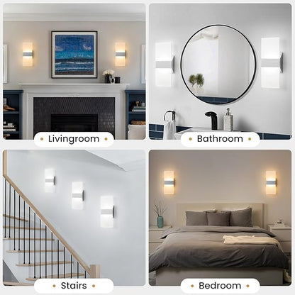 Modern LED Wall Sconces Set of Two, 12 Inch Indoor Dimmable Brushed Nickel Wall Lights, 12W 2700K-5000K Adjustable, Hardwired Acrylic Wall Sconces for Living Room Bedroom Hallway, ETL
