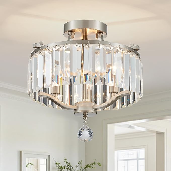 Brushed Nickel Crystal Semi Flush Mount Ceiling Light Fixture Modern Farmhouse Small Chandelier 3-Light Round Crystal Mini Chandelier for Dining Room Entryway Hallway Kitchen Bedroom Foyer
