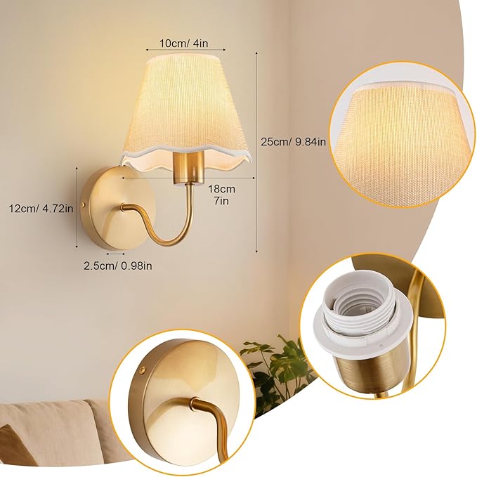 ADISUN Battery Operated Wall Sconce Set of 2, Gold Wall Lamps Rechargeable Bulbs for Living Room, Cream Rattan Shade, Wireless Wall Lights for Bedroom Living Room Hallway Kitchen(2 Bulbs Included)