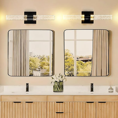 Black Modern LED Wall Sconces Set of Two 3000K-6000K Crystal Bathroom Sconce Lights 12W LED Vanity Light Bar Wall Lights for Bedroom Living Room, 18 Inch, 3 Color Temperature Adjust