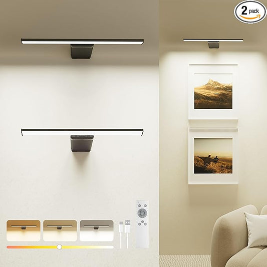 2 Pack Picture Light for Wall Rechargeable Art Light with Remote, 3 Colors & 5 Brightness Levels, 12000mAh Battery Operated Lights for Pictures,Painting,Gallery, Bedroom, Hallway, Frame, Living Room