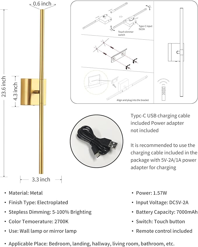 KDG Cordless Wall Sconces with Remote Control, Wireless 5200mAh Rechargeable Battery Operated LED Wall Lamps, 360° Rotate Lightings for Wall Painting, Bedroom, Hallway, Night Light 23.6 inch (Gold)