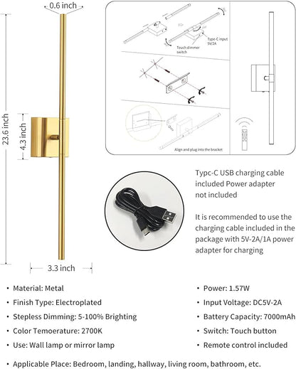 KDG Cordless Wall Sconces with Remote Control, Wireless 5200mAh Rechargeable Battery Operated LED Wall Lamps, 360° Rotate Lightings for Wall Painting, Bedroom, Hallway, Night Light 23.6 inch (Gold)