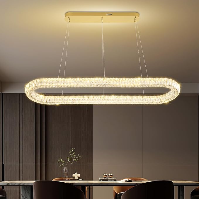 Large Led Gold Ring Chandelier for Living Room Modern 55in Linear Oval Chandeliers Over Table Crystal Ring Pendant Light for Dining Room Dimmable 3000K-6000K