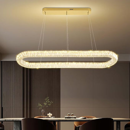 Large Led Gold Ring Chandelier for Living Room Modern 55in Linear Oval Chandeliers Over Table Crystal Ring Pendant Light for Dining Room Dimmable 3000K-6000K
