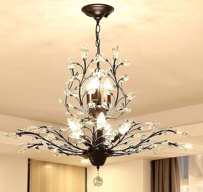 Ganeed Crystal Chandeliers,Vintage 8 Lights Pendant Light,K9 Clear Crystal Chandelier Lighting Fixtures,Ceiling Light for Living Room Bedroom Restaurant Porch Hallway (Black)
