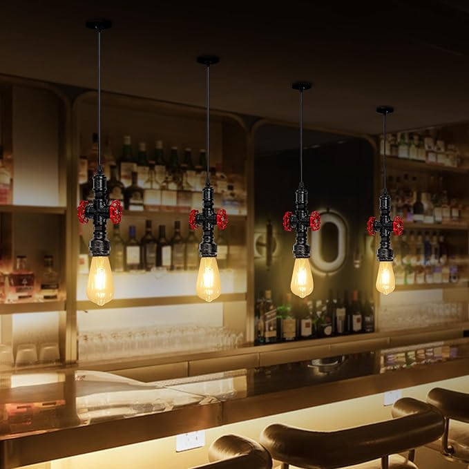 Kawell Vintage Pendant Light Fixtures Industrial Retro Ceiling Chandelier Creative Water Pipe Hanging Light Fixtures Art Deco Iron E26 60W Max for Bedroom Cafe Bar Restaurant Kitchen, Black Color