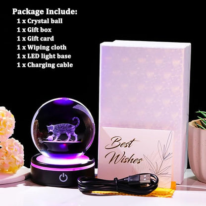 YWHL 3D Cat Figurine Crystal Ball with Colorful LED Base, Laser Engraved Cat Gifts for Women Men for Christmas Birthday, Cats Statue Glass Animal Decorative Ball for Home Decor (80mm)