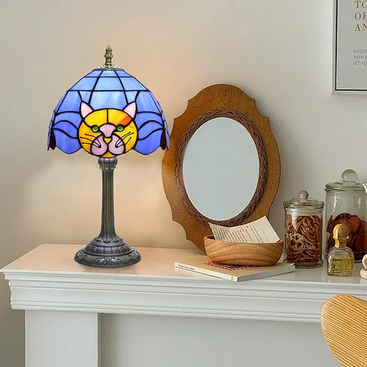 Stained Glass Table Lamp 8 Inch Orange Warm Ambient Lighting Bedroom Small Nightstand Dorm Cafe Office Corner Vintage Home Decoration Table Lamp Blue Cute Cat Lamp