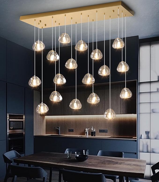 HAIXIANG W35 x D11.8 x H118 Rectangular Chandelier Bubble Crystal Balls Glam Chandeliers Dimmable Light High Ceiling Pendants Light Fixtures Adjustable Long Lights Antique Gold