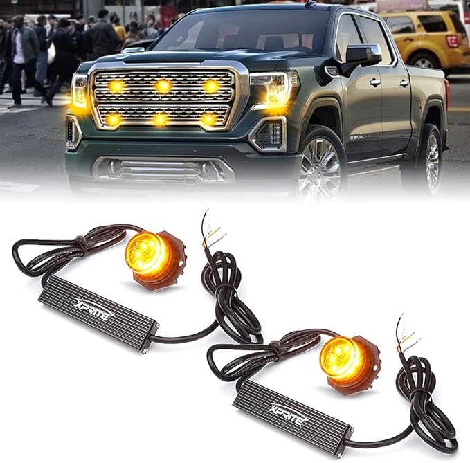 Xprite Hideaway Strobe Lights Amber LED Strobe Light Kit with 14 Flash Patterns Grill Strobe Lights for Trucks Surface Mount Headlight Taillight Emergency Warning for Work and Tow Vehicles - 2PCS