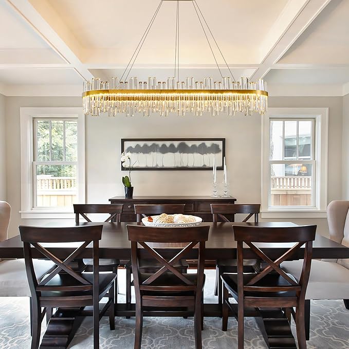 Gold Led Modern Crystal Chandelier: 52" Rectangle Linear 3 Color Dimmable Large Chandelier for Dining Room Over Table - Luxury Rectangular Contemporary Oval Light Fixture for Living Room Bedroom Foyer