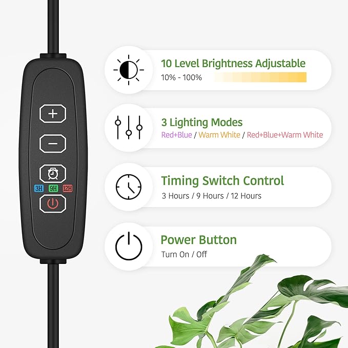 Desk Grow Lights for Indoor Plants, Red Blue Full Spectrum Desktop LED Plant Growing Lamps, Height Adjustable 13.7-24.2inch, 3/9/12H Auto Timer,10 Levels Dimmable, Black Table Growth Light